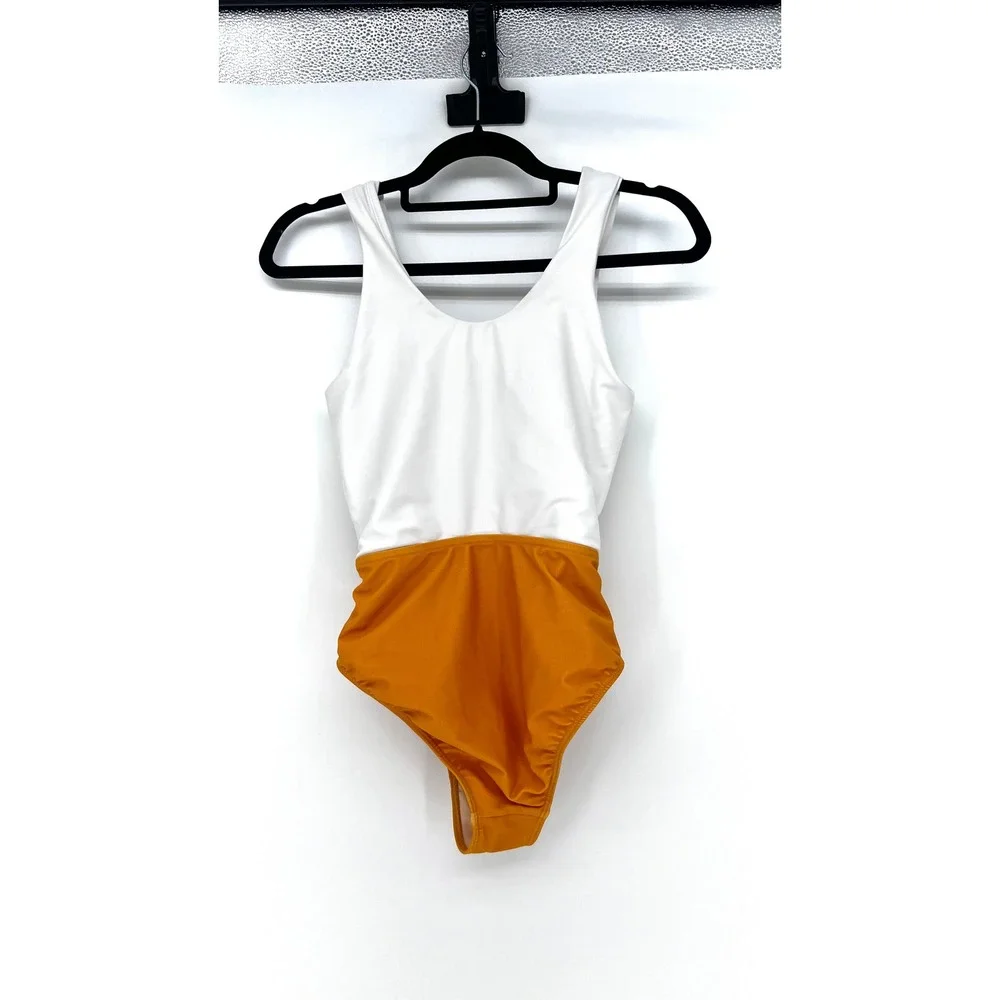 Albion Fit Emma One Piece Swimsuit White Mustard Yellow Knot Cutout XS